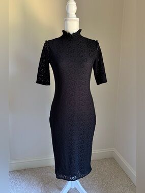 1.STATE Black High Neck Short Sleeve Lace Knee Length Dress Sz S
